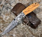 Damascus Folding Pocket Knife — Hand-Forged, Olive Wood Handle - Image 3