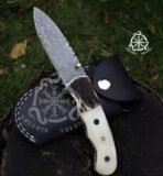 Damascus Folding Pocket Knife — Hand-Forged, Stag Horn Handle (RK-693)