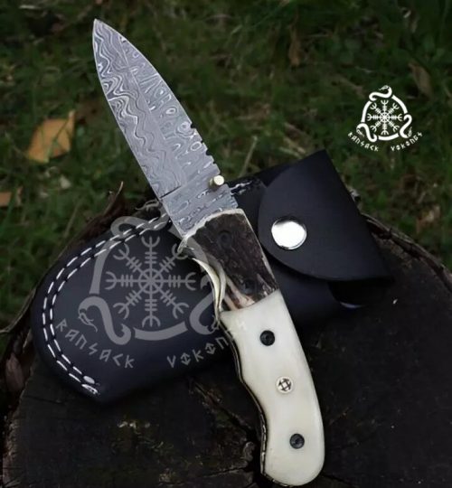 RK-693 Handmade Damascus Steel Survival Camping Pocket Knife, Bone With Antler Stag Bolster Christmas Gift