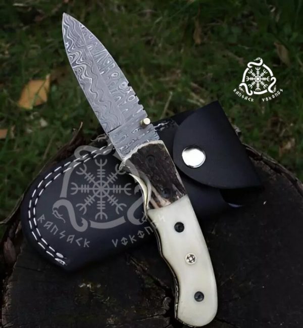 RK-693 Handmade Damascus Steel Survival Camping Pocket Knife, Bone With Antler Stag Bolster Christmas Gift