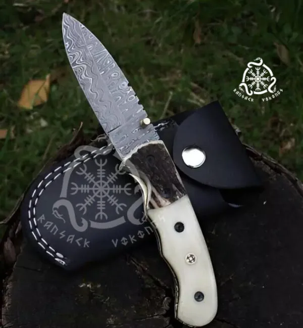 Damascus Folding Pocket Knife — Hand-Forged, Stag Horn Handle (RK-693)
