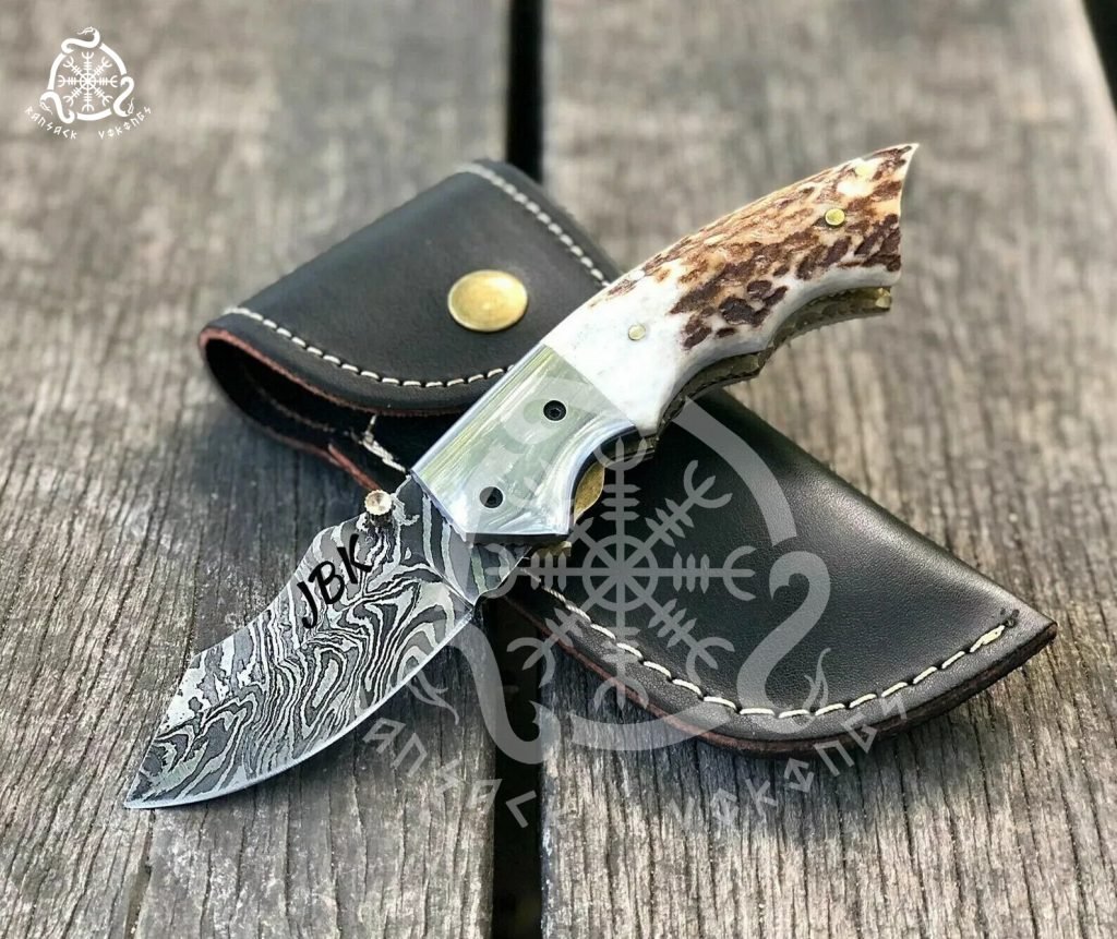 Damascus Folding Pocket Knife — Hand-Forged, Stag Horn Handle (RK-691)