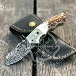 Damascus Folding Pocket Knife — Hand-Forged, Stag Horn Handle (RK-691)
