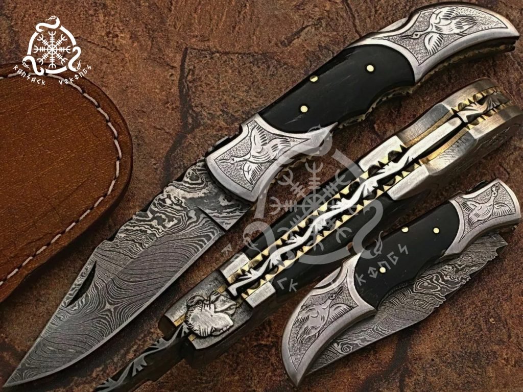 Damascus Folding Pocket Knife — Hand-Forged, Buffalo Horn Handle