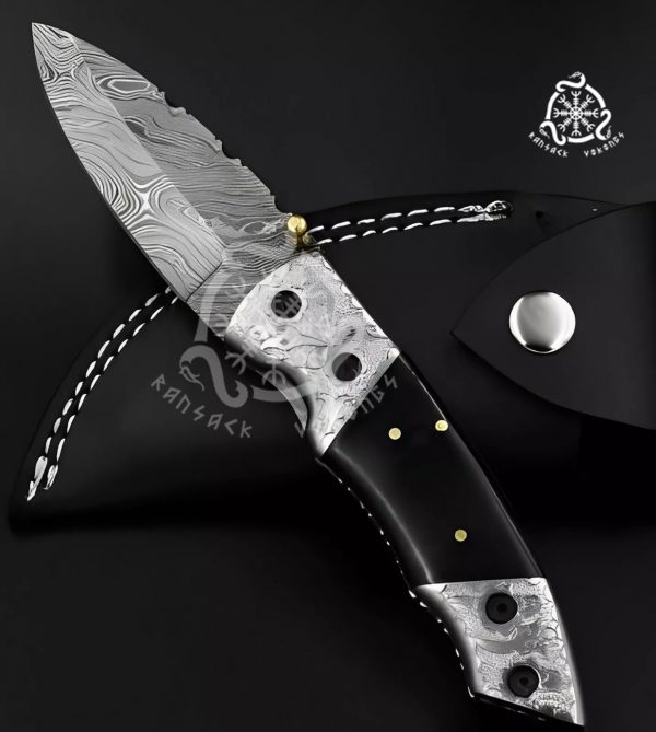 RK-692 Hand-Forged Damascus Steel Folding Pocket Knife With Engraved Bolster Gift For Men