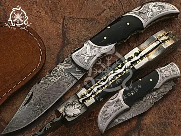 Damascus Folding Pocket Knife — Hand-Forged, Buffalo Horn Handle