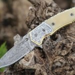 Damascus Folding Pocket Knife — Hand-Forged, Camel Bone Handle, Leather Sheath