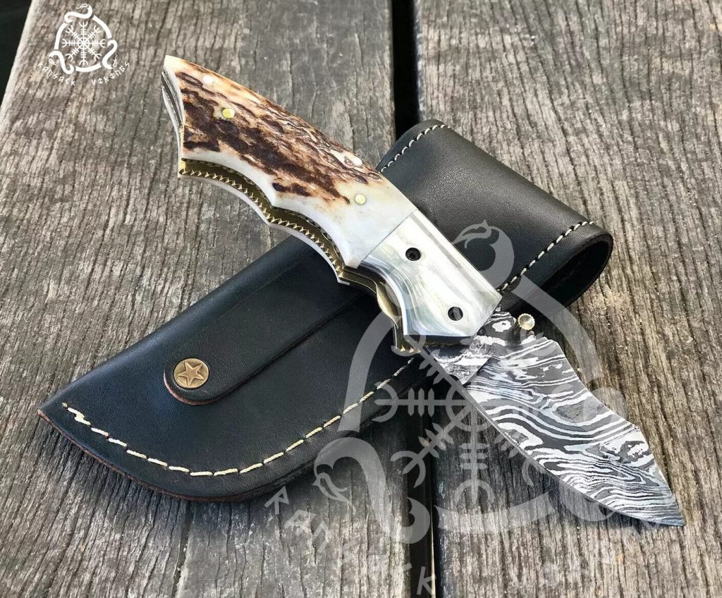 Damascus Folding Pocket Knife — Hand-Forged, Stag Horn Handle (RK-691) - view 2
