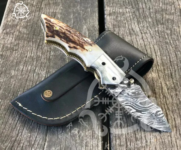 Damascus Folding Pocket Knife — Hand-Forged, Stag Horn Handle (RK-691) - view 2