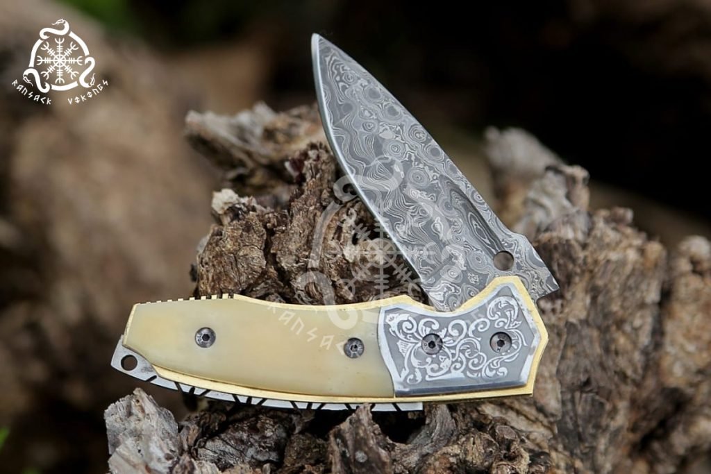 Damascus Folding Pocket Knife — Hand-Forged, Camel Bone Handle, Leather Sheath - view 2