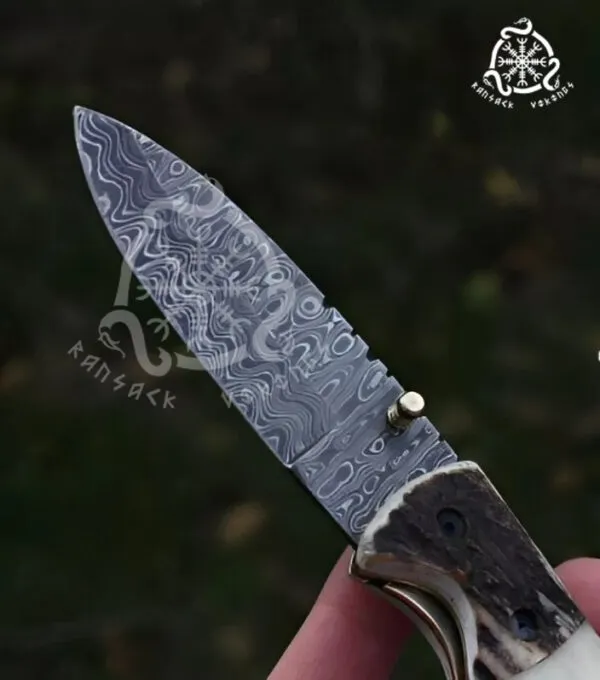 Damascus Folding Pocket Knife — Hand-Forged, Stag Horn Handle (RK-693) - view 2