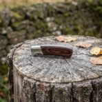 Folding pocket knife with pakka wood handle and steel bolster shown closed on a tree stump with autumn leaves