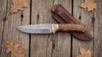 Brasscamp Hand Forged Damascus Camp Knife with Walnut Wood Handle and Engraved Brass Bolster & Leather Sheath | Camping Outdoor Gift | RK-704