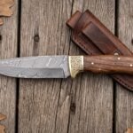 Brasscamp Hand Forged Damascus Camp Knife with Walnut Wood Handle and Engraved Brass Bolster & Leather Sheath | Camping Outdoor Gift | RK-704