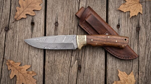Top view of a Damascus camp knife with walnut handle and brass bolster beside its brown leather sheath on planks