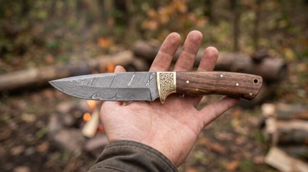 Damascus camp knife with walnut wood handle and engraved brass bolster held on an open palm near a campfire