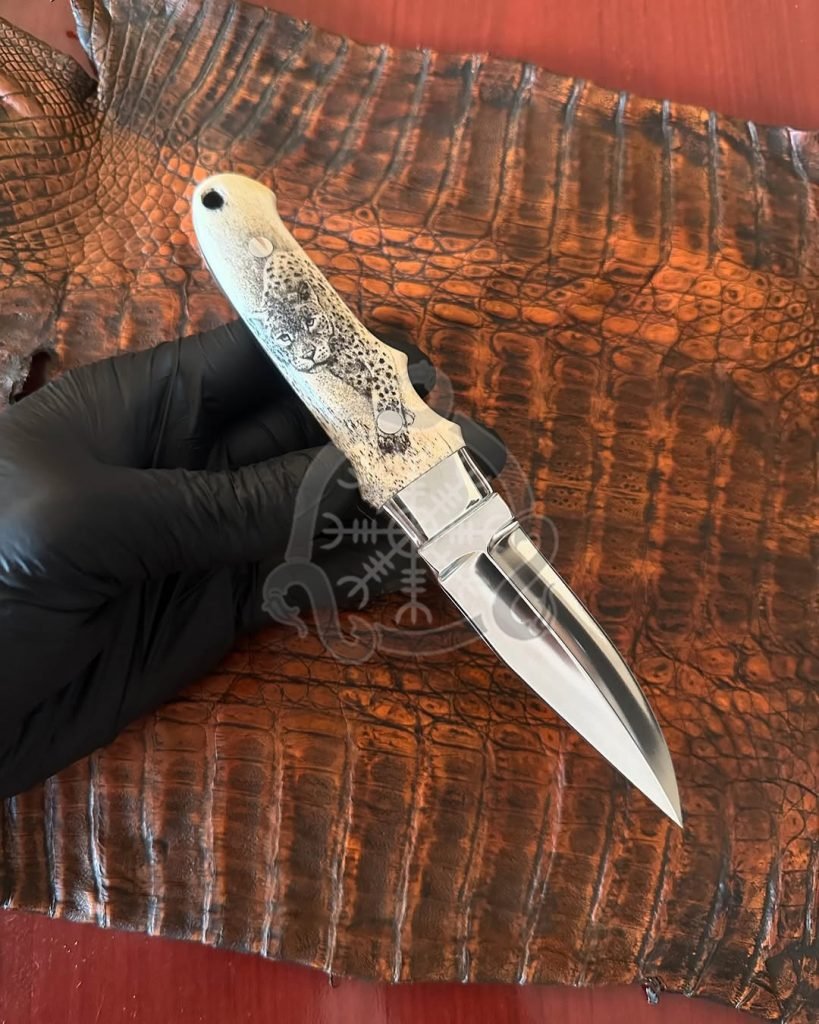 Damascus Hunting Knife — Hand-Forged, Bone Handle, Leather Sheath | Engraving Available - view 2