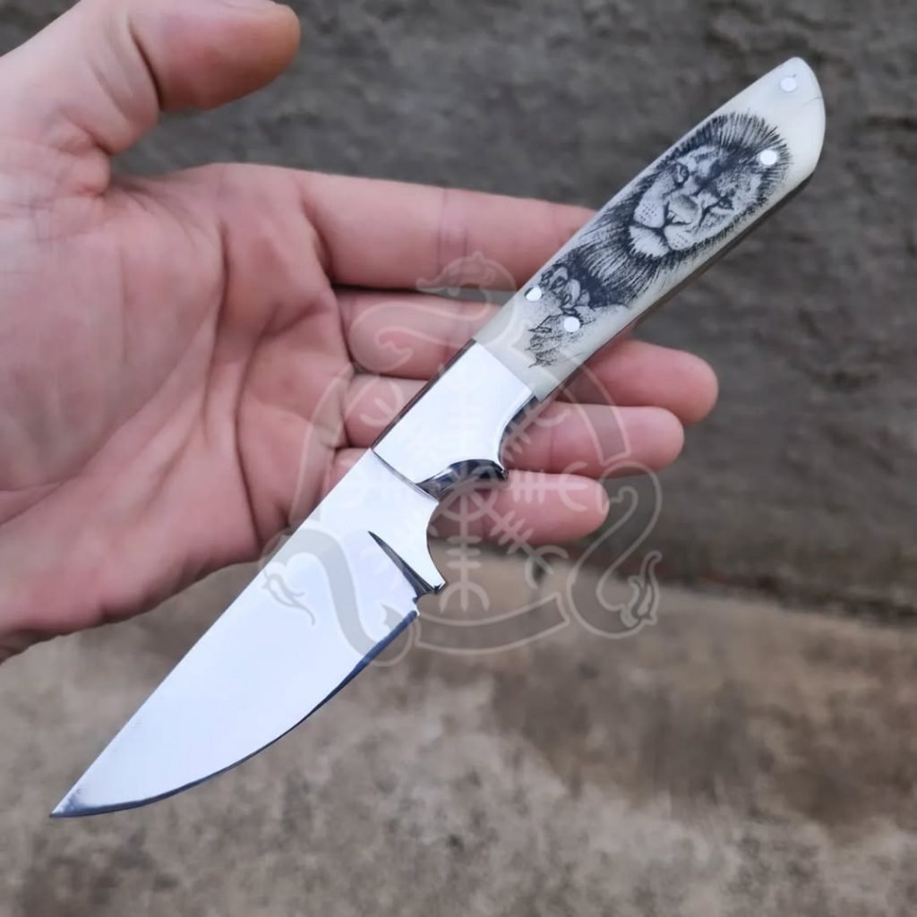 Damascus Camp Knife — Hand-Forged, Bone Handle, Leather Sheath | Engraving Available