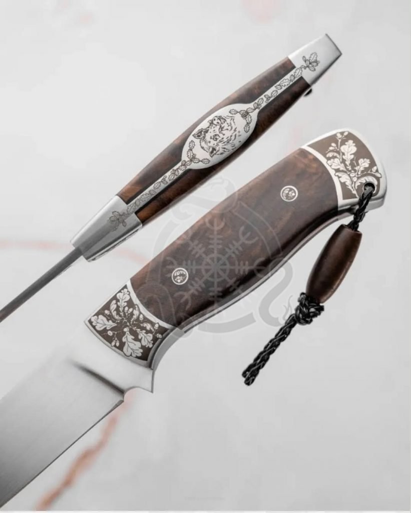 Damascus Camp Knife — Hand-Forged, Walnut Handle, Leather Sheath | Engraving Available – Style 4 - view 2