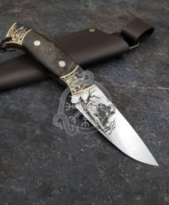 Damascus Camp Knife, Hand-Forged, Walnut Handle, Leather Sheath | Engraving Available, Style 2