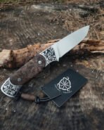 Damascus Camp Knife — Hand-Forged, Walnut Handle, Leather Sheath | Engraving Available – Style 3 - Image 6