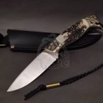 Damascus Hunting Knife — Hand-Forged, Stag Horn Handle, Leather Sheath | Engraving Available – Style 2