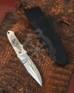 Damascus Hunting Knife — Hand-Forged, Bone Handle, Leather Sheath | Engraving Available - Image 3