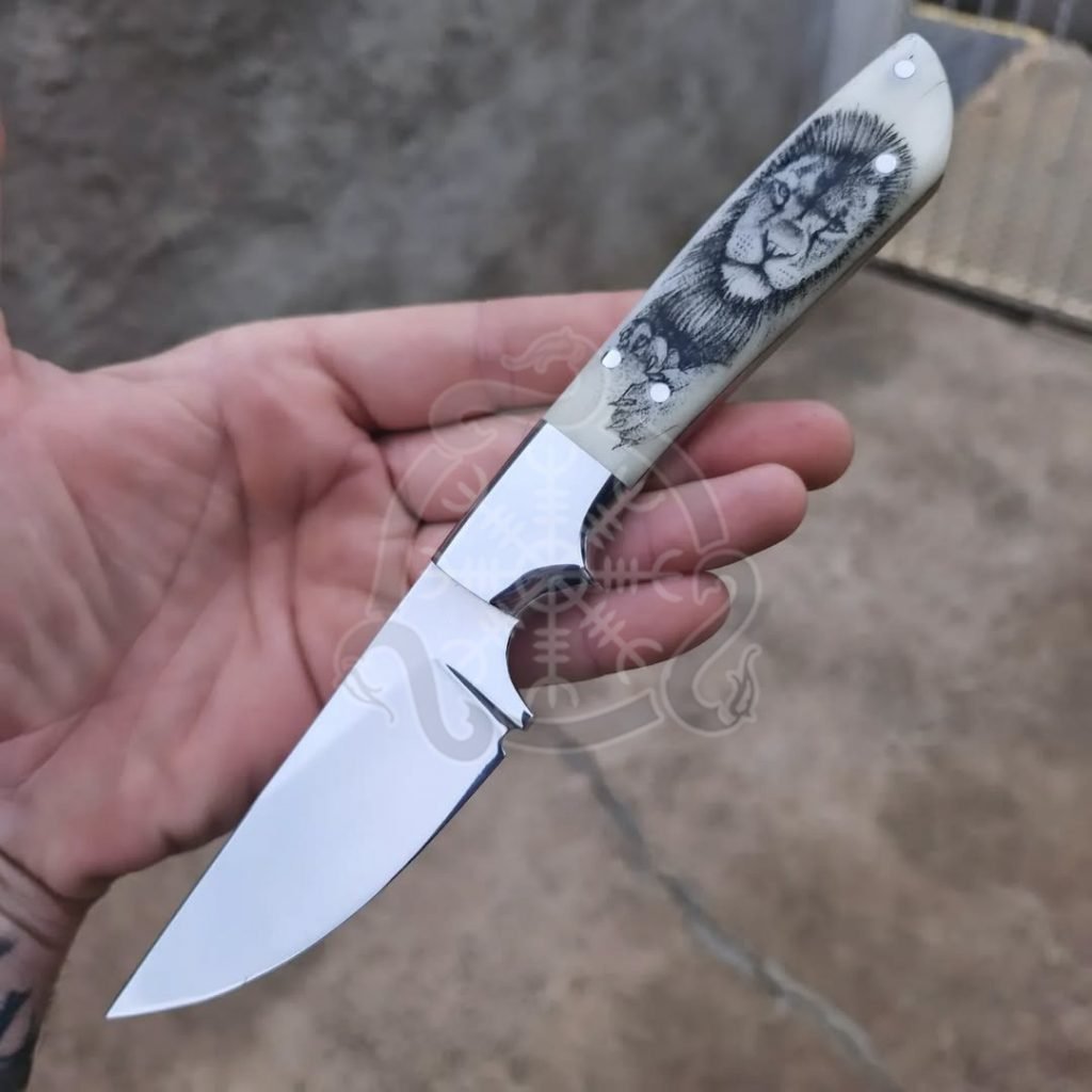 Damascus Camp Knife — Hand-Forged, Bone Handle, Leather Sheath | Engraving Available - view 2