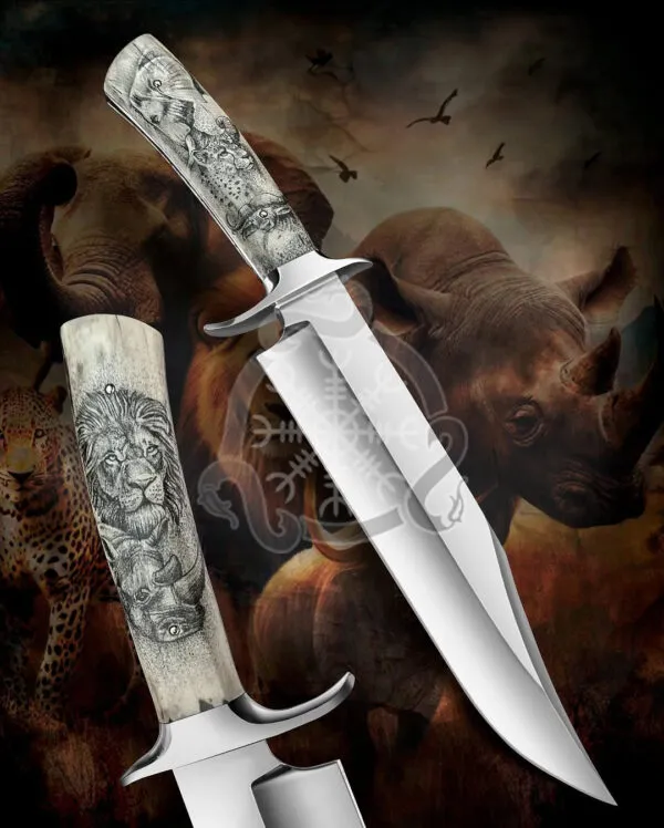 Damascus Viking Seax Knife — Hand-Forged, Bone Handle, Leather Sheath | Engraving Available – Style 2