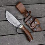 Damascus Bowie Knife — Hand-Forged, Stag Horn Handle, Leather Sheath – Style 2