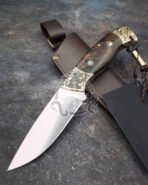 Damascus Hunting Knife — Hand-Forged, Rosewood Handle, Leather Sheath | Engraving Available – Style 4