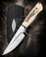 Damascus Camp Knife — Hand-Forged, Bone Handle, Leather Sheath | Engraving Available – Style 3