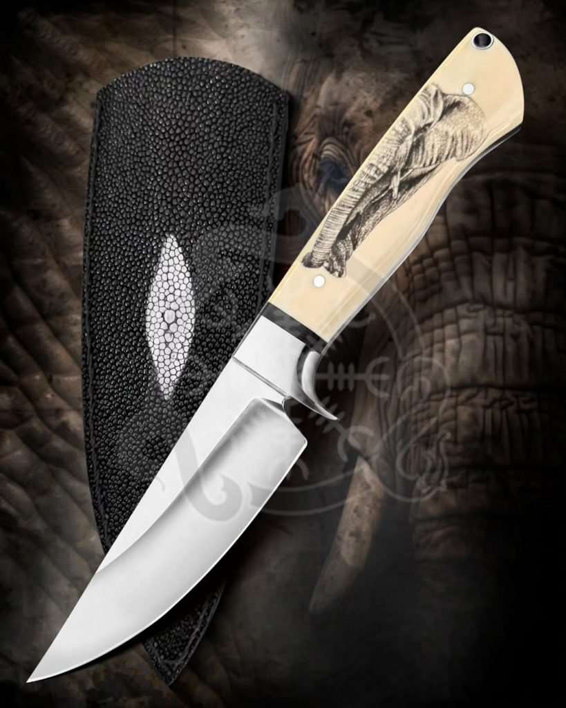 Damascus Camp Knife — Hand-Forged, Bone Handle, Leather Sheath | Engraving Available – Style 3