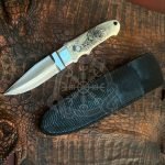 Damascus Hunting Knife — Hand-Forged, Bone Handle, Leather Sheath | Engraving Available