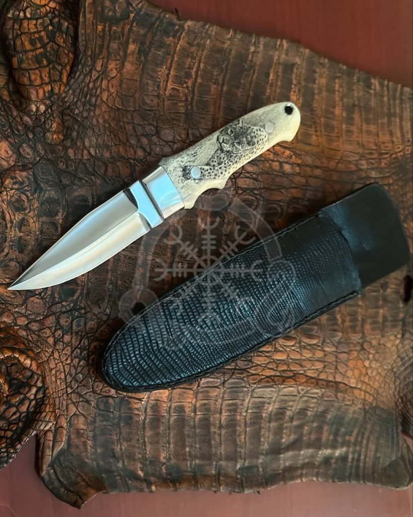 Damascus Hunting Knife — Hand-Forged, Bone Handle, Leather Sheath | Engraving Available