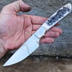 Damascus Hunting Knife — Hand-Forged, Bone Handle, Leather Sheath | Engraving Available – Style 2