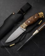 Damascus Camp Knife — Hand-Forged, Walnut Handle, Leather Sheath | Engraving Available – Style 5