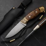 Damascus Camp Knife — Hand-Forged, Walnut Handle, Leather Sheath | Engraving Available – Style 5