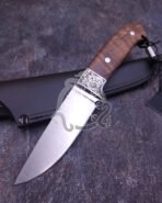 Damascus Camp Knife — Hand-Forged, Rosewood Handle, Leather Sheath | Engraving Available – Style 2