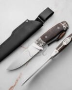 Damascus Camp Knife — Hand-Forged, Walnut Handle, Leather Sheath | Engraving Available – Style 4