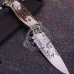 Damascus Camp Knife — Hand-Forged, Stag Horn Handle, Leather Sheath | Engraving Available
