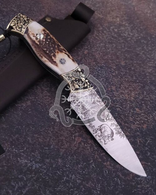 Handmade Hunting Knife with Engraved Bolster Antler Handle, Perfect Gift for Camping