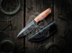 Damascus Hunting Knife — Hand-Forged, Camel Bone Handle, Leather Sheath