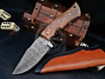 Damascus Hunting Knife — Hand-Forged, Stag Horn Handle, Leather Sheath – Style 3
