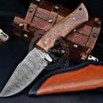 Damascus Hunting Knife — Hand-Forged, Stag Horn Handle, Leather Sheath – Style 3
