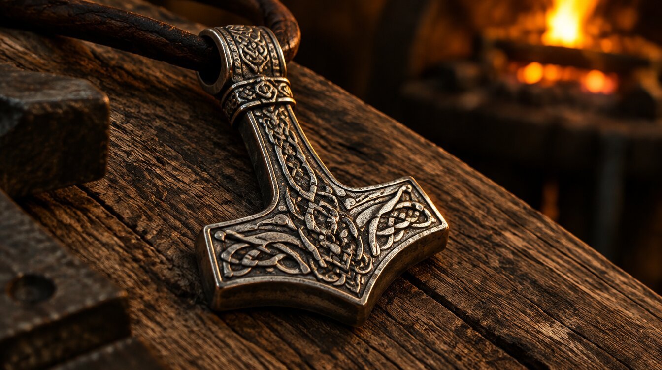 Mjolnir pendant with Norse knotwork engravings