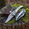 COPPER Damascus Pocket Knife with leather sheath, Handcrafted Copper fishing  Folding Knife - Image 2
