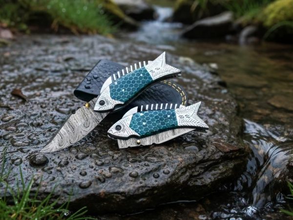 RK-1014 Handmade Damascus Steel Pocket Knife, Fishing Folding Knife, Camping Knife,  Gift for Him