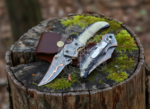 COPPER Damascus Pocket Knife with leather sheath, Handcrafted Copper fishing  Folding Knife