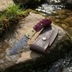 Damascus Folding Pocket Knife — Hand-Forged, 7.5" Overall, Micarta Handle, Leather Sheath